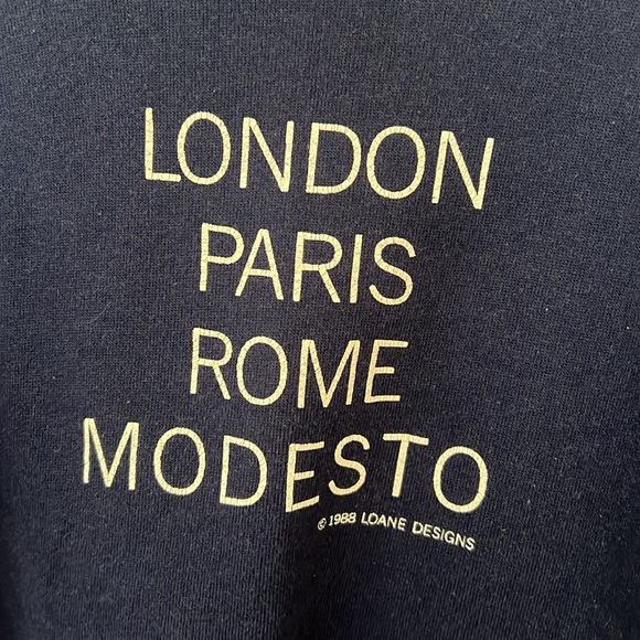 Vintage Sweatshirt, London Paris Rome Modesto, Medium Navy Blue - Picture 2 of 5